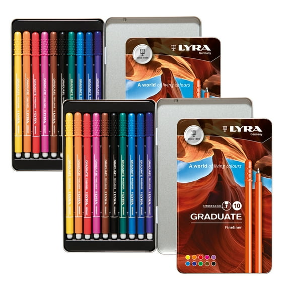 Lyra Graduate Fineliner Marker Set Tin, Assorted Colors, 10 Piece, 2 Pack