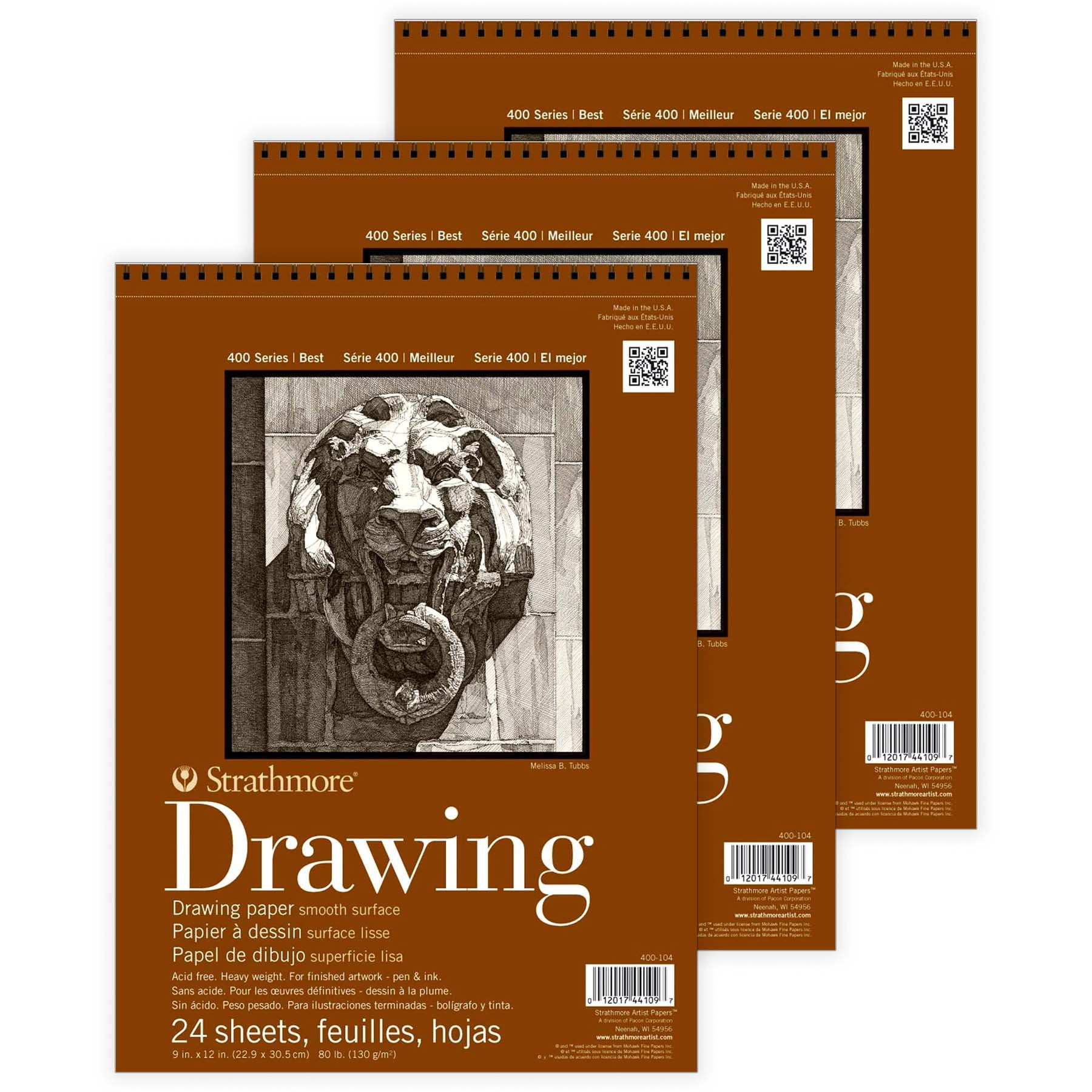 Strathmore 400 Series Drawing Paper Pad, Smooth Finish, Wire Binding, 24 Sheet, 9x12 inch, 1 Count, Pack of 3