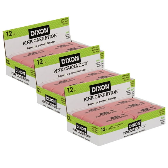 Dixon Pink Carnation Erasers, Medium, 2-5/16 x 13/16 x 7/17, 12 Per Pack, 3 Packs