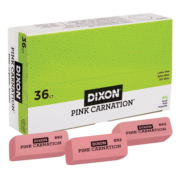 Dixon Pink Carnation Erasers, Small, 2 x 3/4 x 7/16, Pack of 36