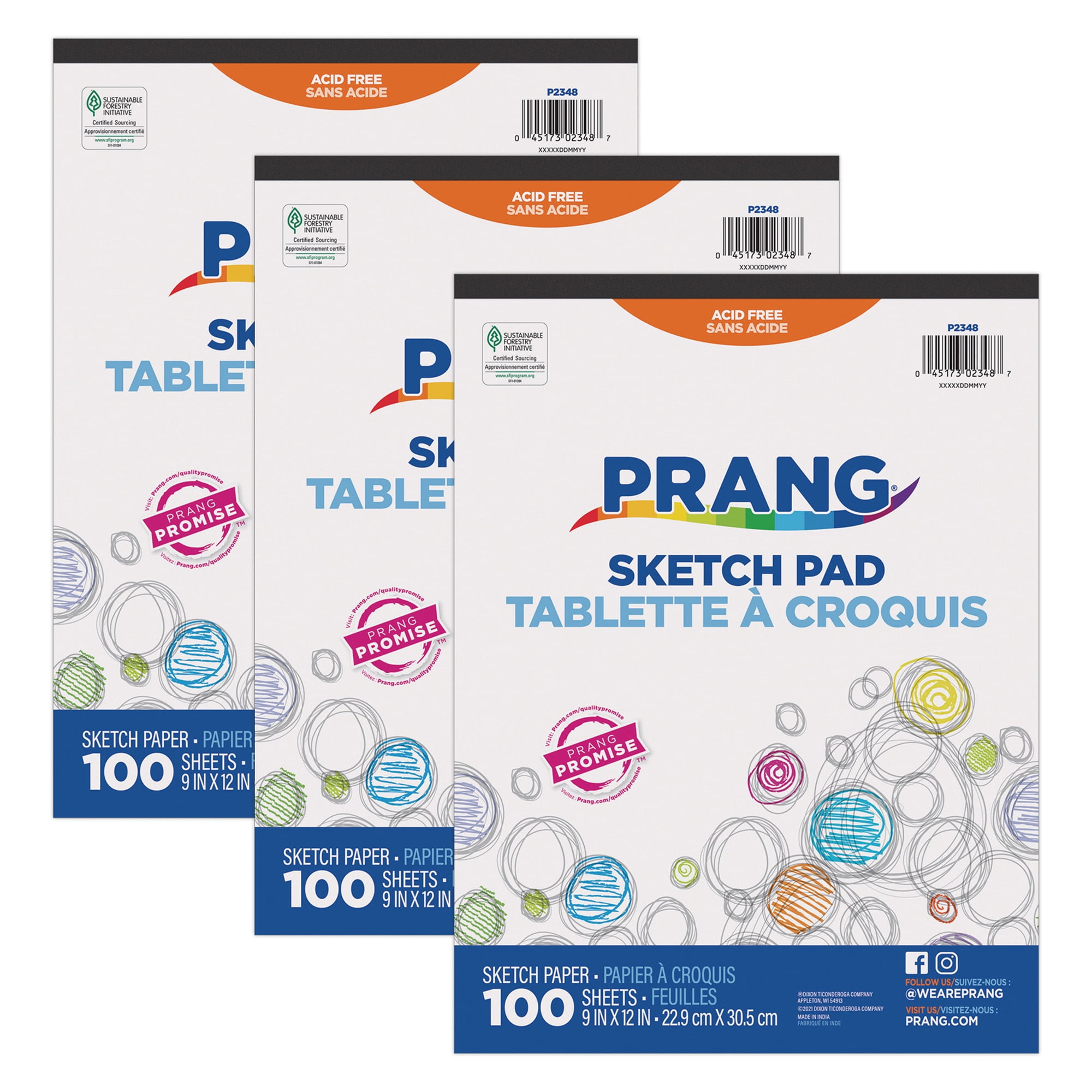 Prang Sketch Pad, 9" x 12", 100 Sheets, Pack of 3