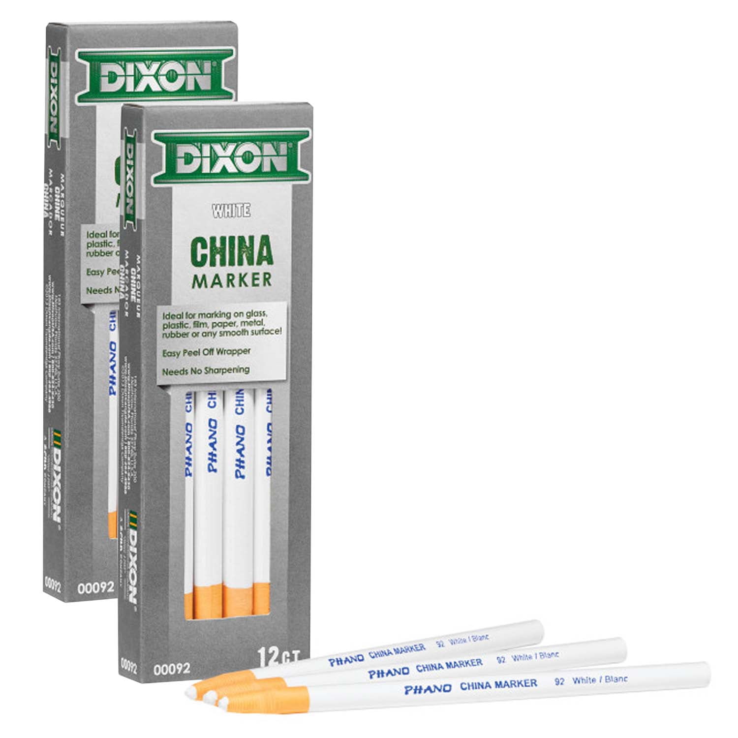 Dixon Phano China Markers, White, 12 Per Pack, 2 Packs