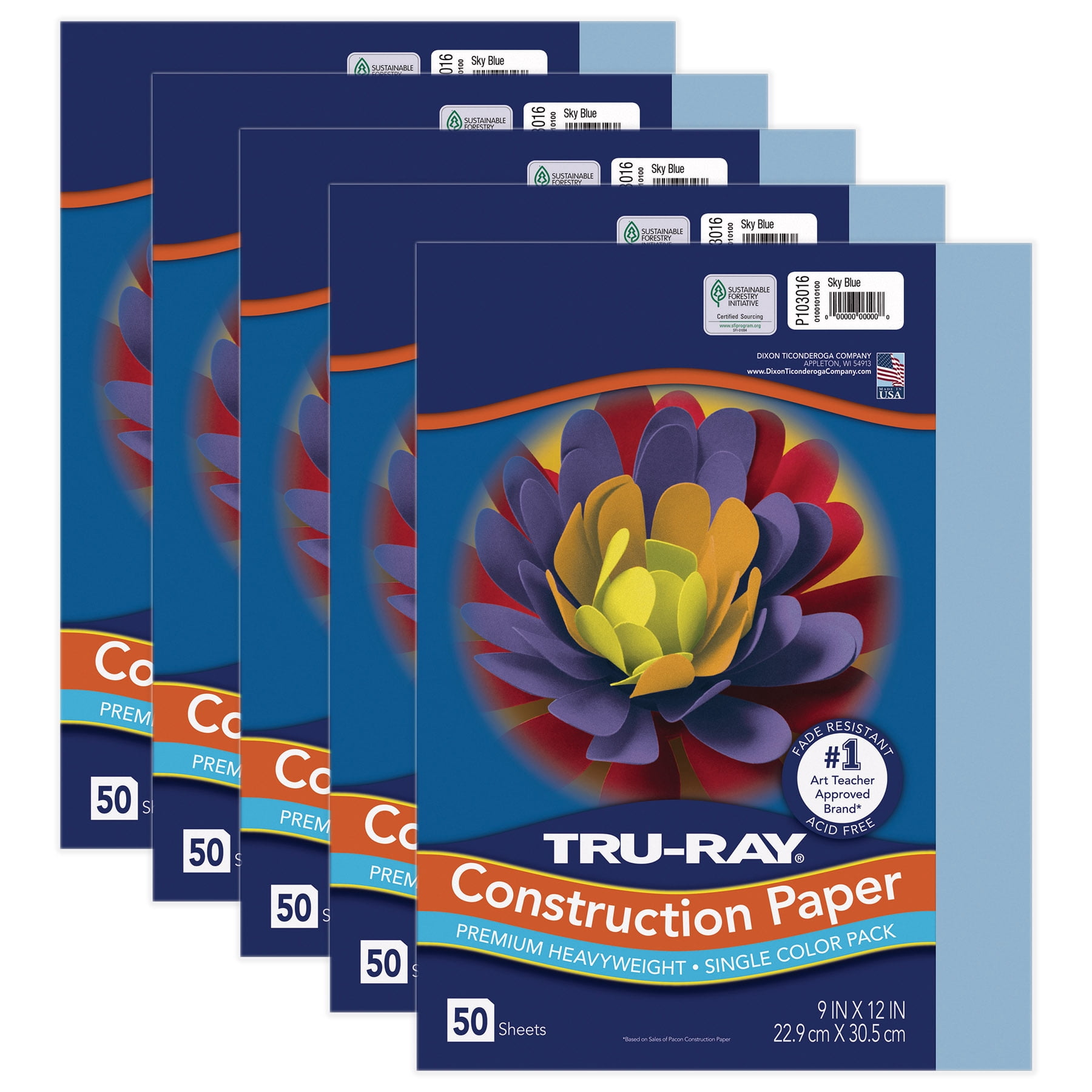 Tru-Ray Construction Paper, Heavyweight, Sky Blue, 9" x 12", 50 Sheets Per Pack, 5 Packs
