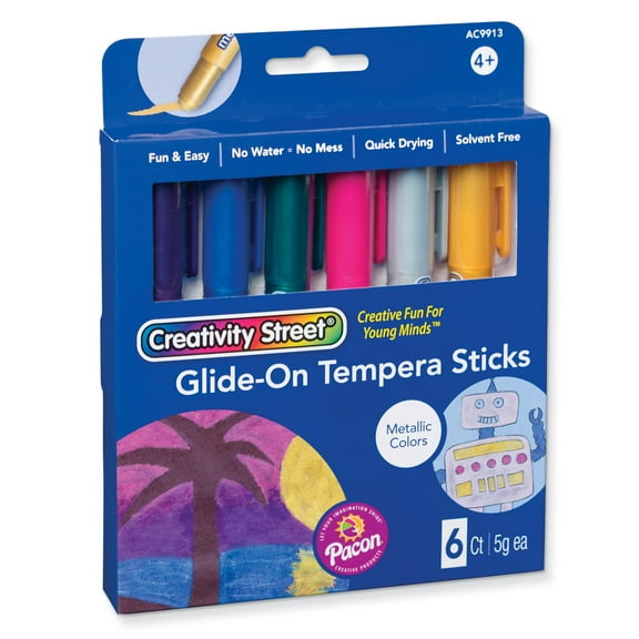 Creativity Street Glide-On Tempera Paint Sticks, 6 Assorted Metallic Colors, 5 grams, 6 Count