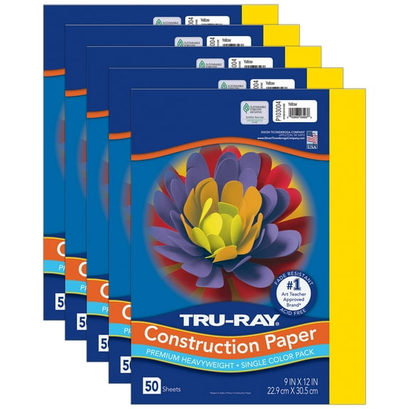 Tru-Ray Construction Paper, Heavyweight, Yellow, 9" x 12", 50 Sheets Per Pack, 5 Packs