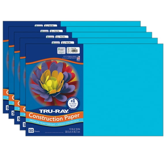 Tru-Ray Construction Paper, Heavyweight, Atomic Blue, 12" x 18", 50 Sheets Per Pack, 5 Packs