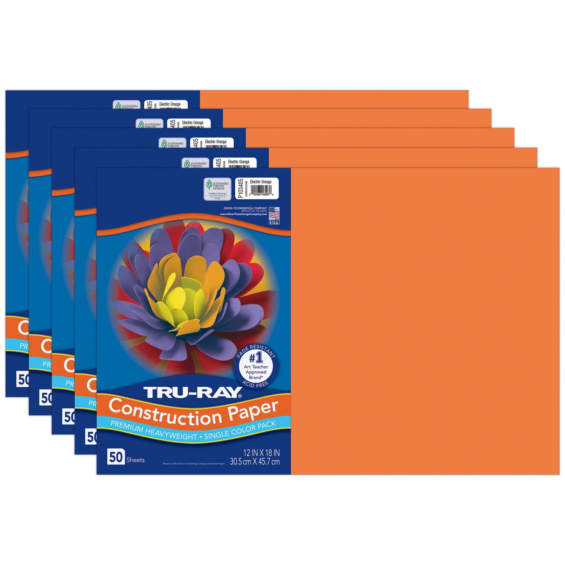 Tru-Ray Construction Paper, Heavyweight, Electric Orange, 12" x 18", 50 Sheets Per Pack, 5 Packs