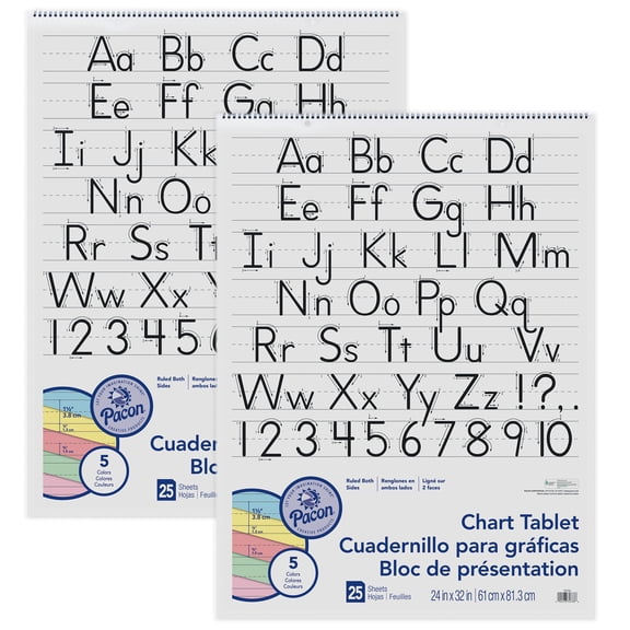Pacon Colored Paper Chart Tablet, Manuscript Cover, 5 Assorted Colors, 1-1/2" Ruled, 24" x 32", 25 Sheets, Pack of 2