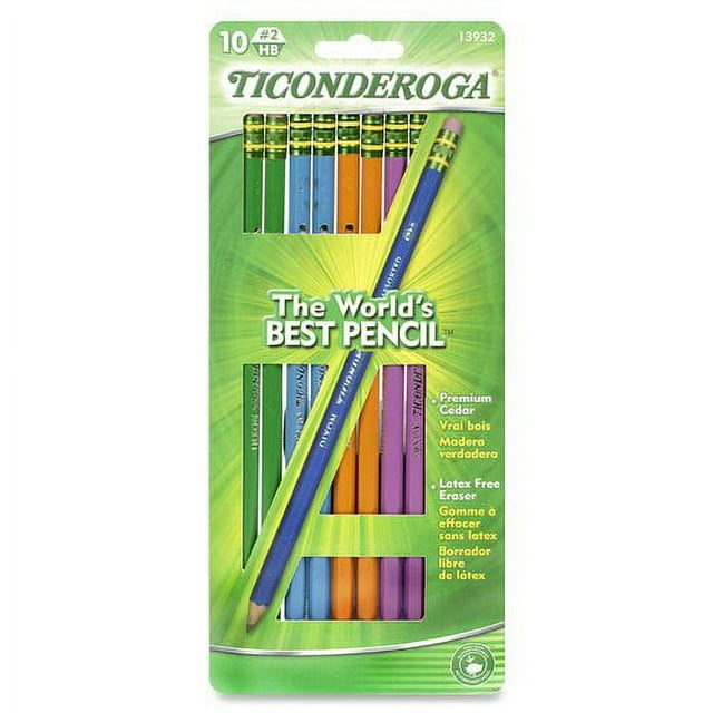 Dixon Ticonderoga Wood-Cased #2 Pencils, Black Lead, Box of 10, Assorted Color Barrels (13932)