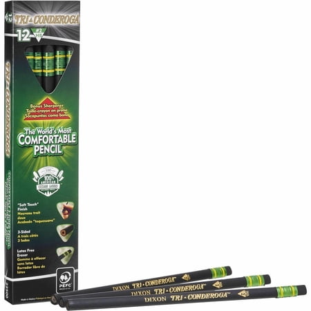 Ticonderoga Easy to Grip, Shaped Wood Pencils with Sharpener, #2HB Soft, Soft Touch Black Coating, 12 Count