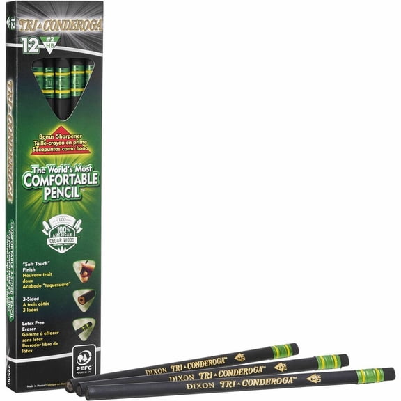 Ticonderoga Easy to Grip, Shaped Wood Pencils with Sharpener, #2HB Soft, Soft Touch Black Coating, 12 Count