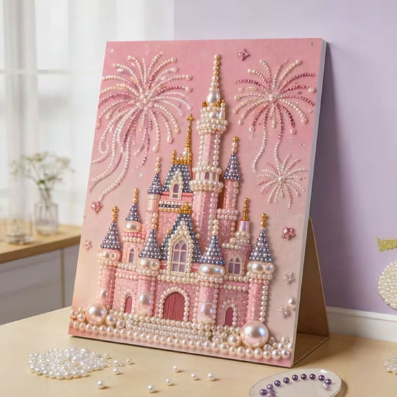 Diy 3D Pearl Painting Kit, Castle Design with Fireworks, Plastic Pearl Art Craft for Adults and Beginners, Home Wall Decor (without Frame)