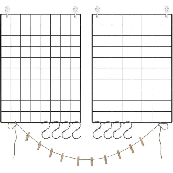 Diy Art Display, 2pcs Black Wire Wall Grid Panels For Creative Home Decor, Includes S-Hooks, Clips, Hemp Cord For Versatile Hanging Solutions