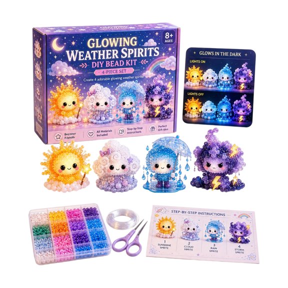 Diy Bead Kit Glowing Weather Spirits 4 Piece Set Halloween Themed Craft Bead Set with Needles Thread Round Beads Jump Rings Durable Plastic Storage Box Detailed Instruction Manual