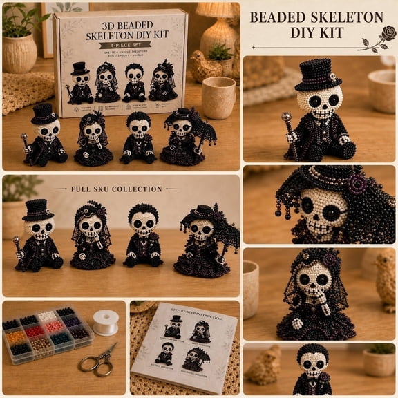 Diy Beaded 3D Skeleton Animal Couple Craft Kit, Gothic Halloween Decor, Day of The Dead Decorations, Craft Kit for Adults, Wedding Decorations for Tables, Complete All-Inclusive