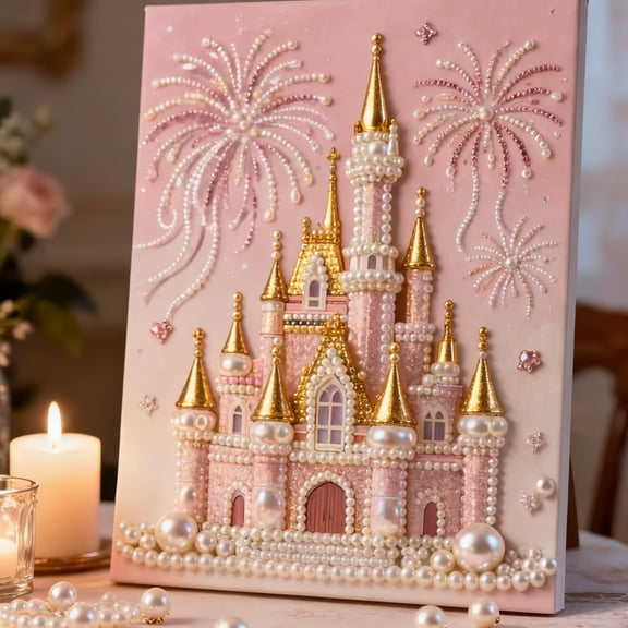 Diy Beaded Art Kit - Castle Pearl Painting - Dreamy Ocean Pearls Painting Kit for Adults Beginner, Creativity Diy All-Pearl Dot Painting for Gift Home Wall Decor (Pink Castle) (without Frame)