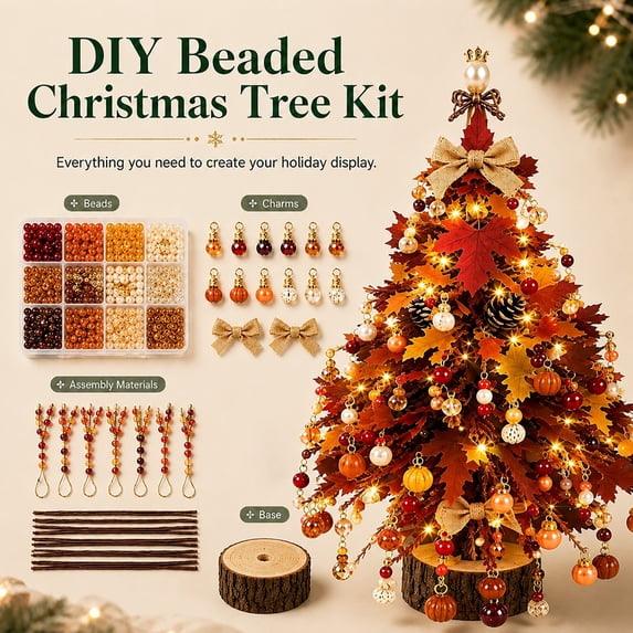 Diy Beaded Christmas Tree Kit, Crystal Holiday Craft Set for Adults, Colorful Beads, Ornament Charms, Metal Frame, Angel Topper, Warm Glow Display, Tabletop Decor, Relaxing Project, Holiday Gift