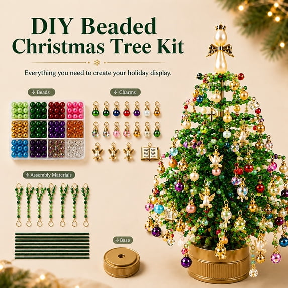 Diy Beaded Christmas Tree Kit, Crystal Holiday Craft Set for Adults, Colorful Beads, Ornament Charms, Metal Frame, Angel Topper, Warm Glow Display, Tabletop Decor, Relaxing Project, Holiday Gift