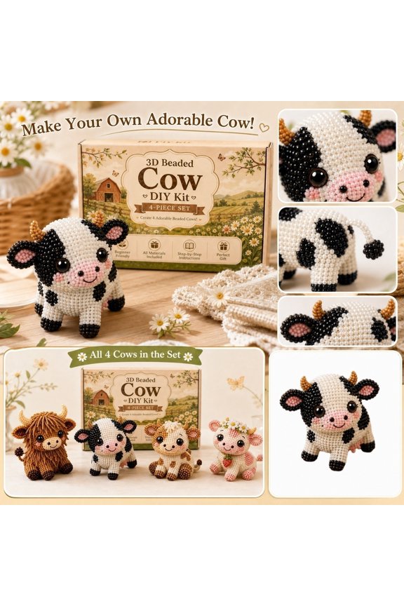 Diy Beading Starter Set, Stocking Stuffer, Animal Craft Kit, Miniature Animals, 8X5 Inch 3D Beaded Cow Diy Kit Lets Users Create Their Own Beaded Charm, Beaded Keychain, Or