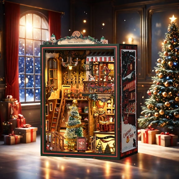 Diy Book Nook Kit with Music Box, Christmas Shop 3D Wooden Puzzle for Bookshelf Decor, Miniature House Craft Gift for Adults & Teens