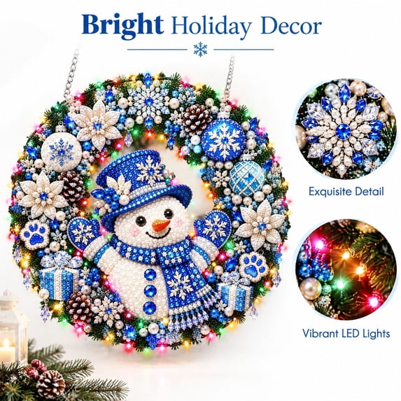 Diy Christmas Diamond Art Kits For Adults Pearl Diamond Painting Beaded Wreath Hanging Ornament With Led Lights,Christmas Decorations For Holiday Wall Front Door Window Decor(9.84")