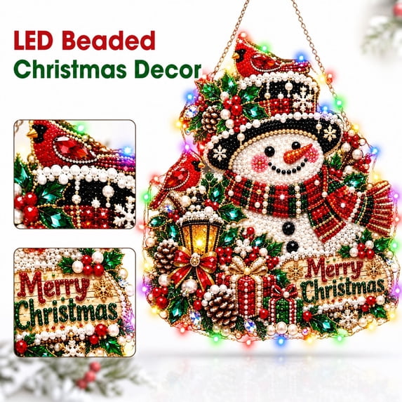 Diy Christmas Diamond Art Kits For Adults Pearl Diamond Painting Beaded Wreath Hanging Ornament With Led Lights,Christmas Decorations For Holiday Wall Front Door Window Decor(9.84")