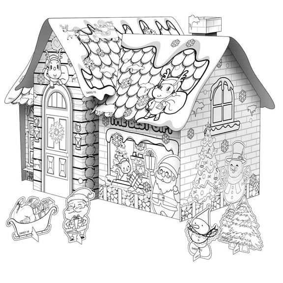 Diy Christmas Playhouse Coloring Craft Kit For Kids Foldable Cardboard Model House With Watercolor Brushes Family Activity Holiday Creative Art Project 16.14X11.41 Inch Box