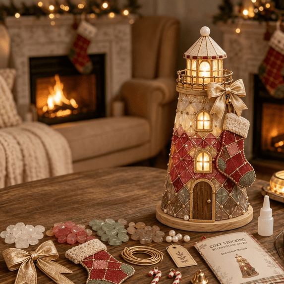 Diy Christmas Sock Lighthouse Craft Kit With Led Light, Christmas Building Set, Holiday Tabletop Craft, Family Activity, Festive Home Decor For Christmas And Birthday Gifts