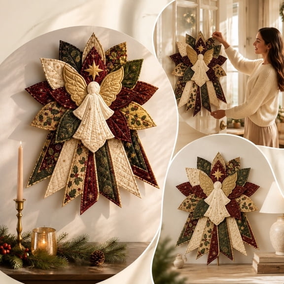 Diy Christmas Wreath Kit, Diy Quilted Christmas Sewing Kit, Large Patchwork Bow for Holiday Front Door and Wall Display(Angel)