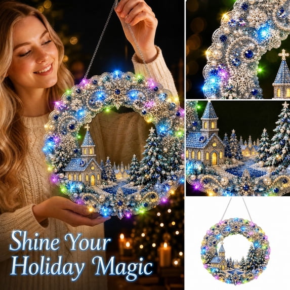 Diy Christmas Wreath Light Up Diamond Art Kits For Adults,Diamond Painting Art Hanging Pendant With Led Light,Christmas Decorations Wreath For Indoor Decor(7.86In)