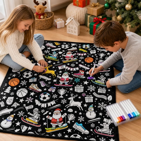 Diy Coloring Blanket with 24 Markers, Christmas Diy Coloring Blanket Color Your Own Flannel Blanket for Adults, Washable Creative Coloring Throw Blanket Art Activity Blanket