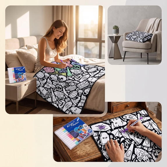 Diy Coloring Blanket for Adults,Colorable Throw Blanket with 24 Markers, Velvet Blanket Coloring Kit Personalized Art Project Creative Home Decor Gift