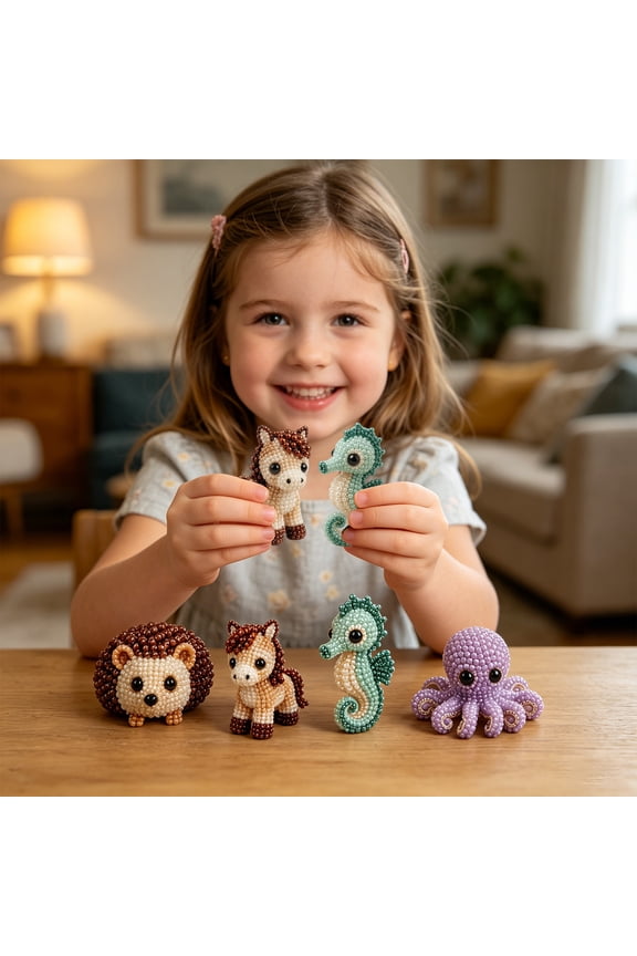 Diy Craft Bead Set, Bead Animal Making Kit, Beaded Art Kits for Adults, Art Set for Student 6-8, with Colorful Craft Beads with Holes, Fishing Line, Small Scissors, Detailed