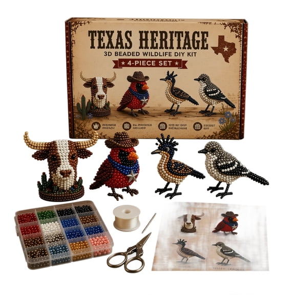 Diy Crafts for Adults 3D Beaded Wildlife Kit, Craft Kit for Adults with Needle and Thread, Texas Heritage Arts and Crafts Set for at Home Hobby Projects 4 Piece Set