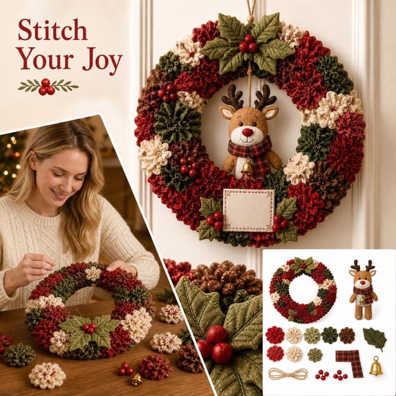 Diy Crochet Wreath Kit with Reindeer and Holiday Wishes Sign, Red Green and Cream Yarn, for Beginners and Front Door Hanging Decoration