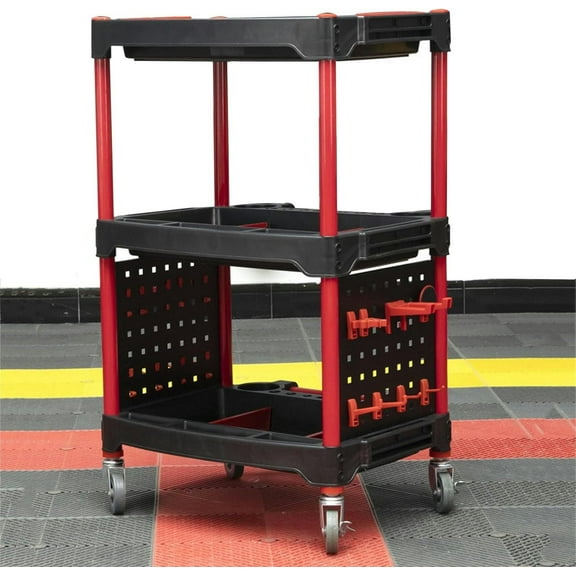 Diy Detail 3 Tier Rolling Service Cart Detailing Tool Organizer, Multipurpose Storage Trolley with Hooks and Hanging Plate, Heavy Duty Storage Shelves, Mobile Workstation Garage Shelving Unit