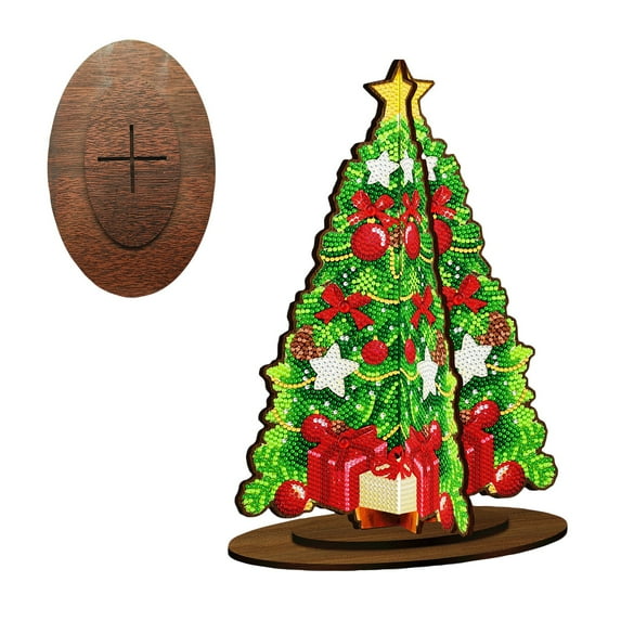 Diy Diamond Dot Painting Christmas Tree 3D Display Sign With Wooden Base, Three-Dimensional Design For Desktop Decoration, Ideal Christmas Holiday Home Office Party Decoration