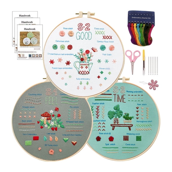 Diy Embroidery Kit 3-Piece Set, With 3 Embroidery Fabrics, 3 Design Patterns, 1 Pair Of Scissors, 9 Needles, 1 Needle Threader, 1 Seam Ripper, For Beginners, S, Craft Lovers,