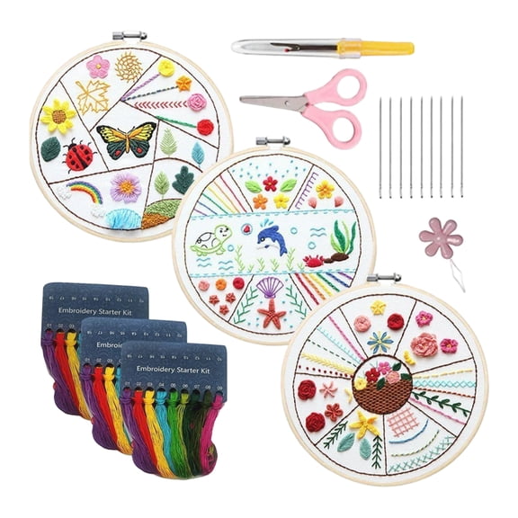 Diy Embroidery Kit 3-Piece Set, Includes 3 Embroidered Fabrics 3 Design Patterns 1 Scissors 9 Needles 1 Threader 1 Seam Ripper, For Beginners S Craft Lovers Home Decor