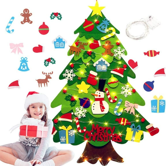 Diy Felt Christmas Tree, Diy Felt Christmas Tree With 30 Tree Toppers Xmas Ornaments And Light String Wall Hanging Felt Tree For Home Xmas Gift Decor