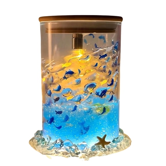 Diy Fish Night Light Ocean Blue Soft Warm Light Lamp for Student and Girls Bedroom Decor Battery Operated Glass Table Lamp