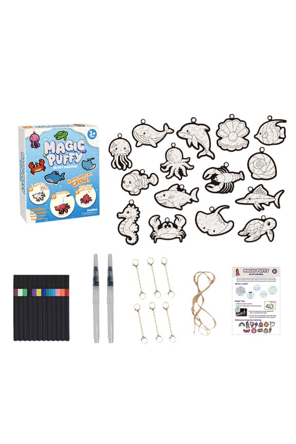 Diy Foaming Texture Painting Toy, Ocean Animal Theme Magicpuffy Sponge Stress Relief Kit, Includes 15 Magic Puffys 12 Color Pens 2 Water Pens 6 Keychains 1 Rope And 1 Instructions