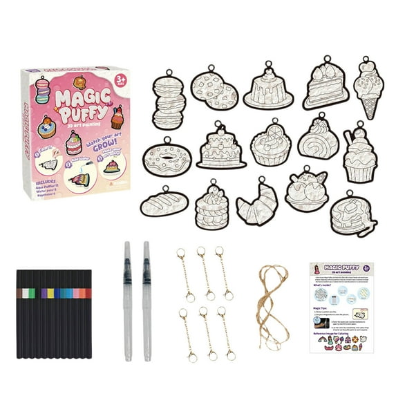 Diy Foaming Texture Painting Toy With Sponge, Stress Relief Craft Kit For All Ages, Includes 15 Magic Puffys 12 Color Pens 2 Water Pens 6 Keychains 1 Rope And Instructions