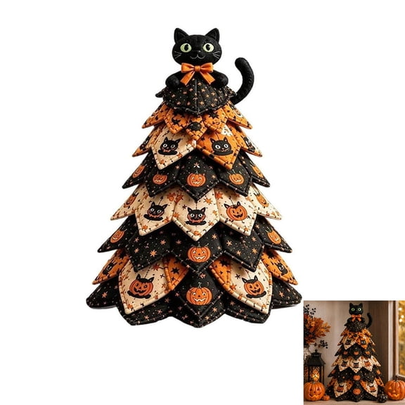 ALOEWXXR Diy Halloween Black Cat Quilted Fabric Tree Kit, 3D Layered Sewing Craft, Home Display Festive, Holiday Seasonal Gift