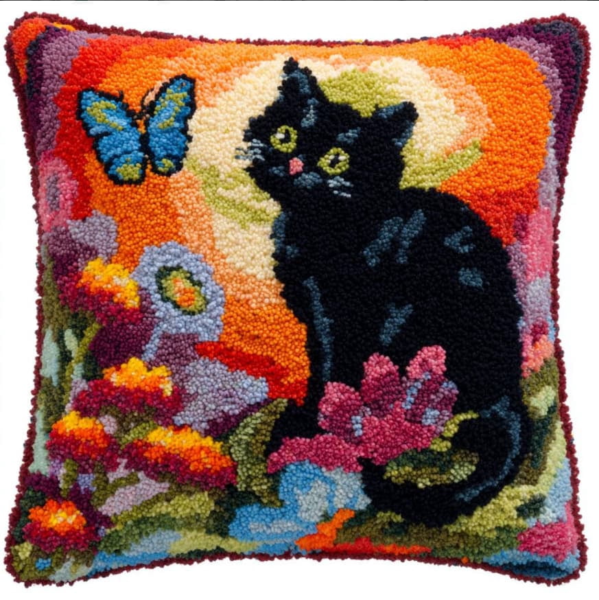 Diy Latch Hook Kits For Adults Cat Latch Hook Cushion Cover Kit, Diy Carpet Cushion Crocheting Pillowcase For Home 17X17In