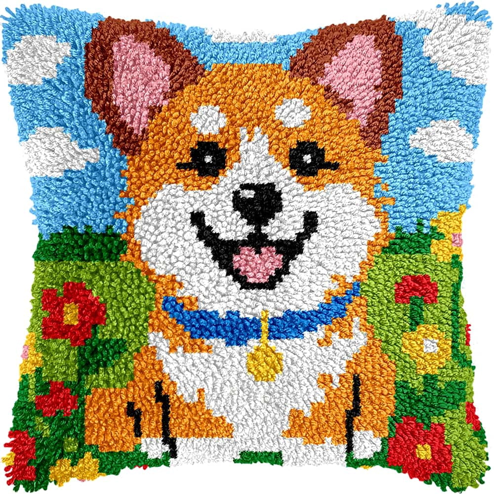 Diy Latch Hook Kits For Adults Dog Cross Stitch Sofa Cushion Cover With Latch Hook Tool Fit For Kids And Adults 17X17In