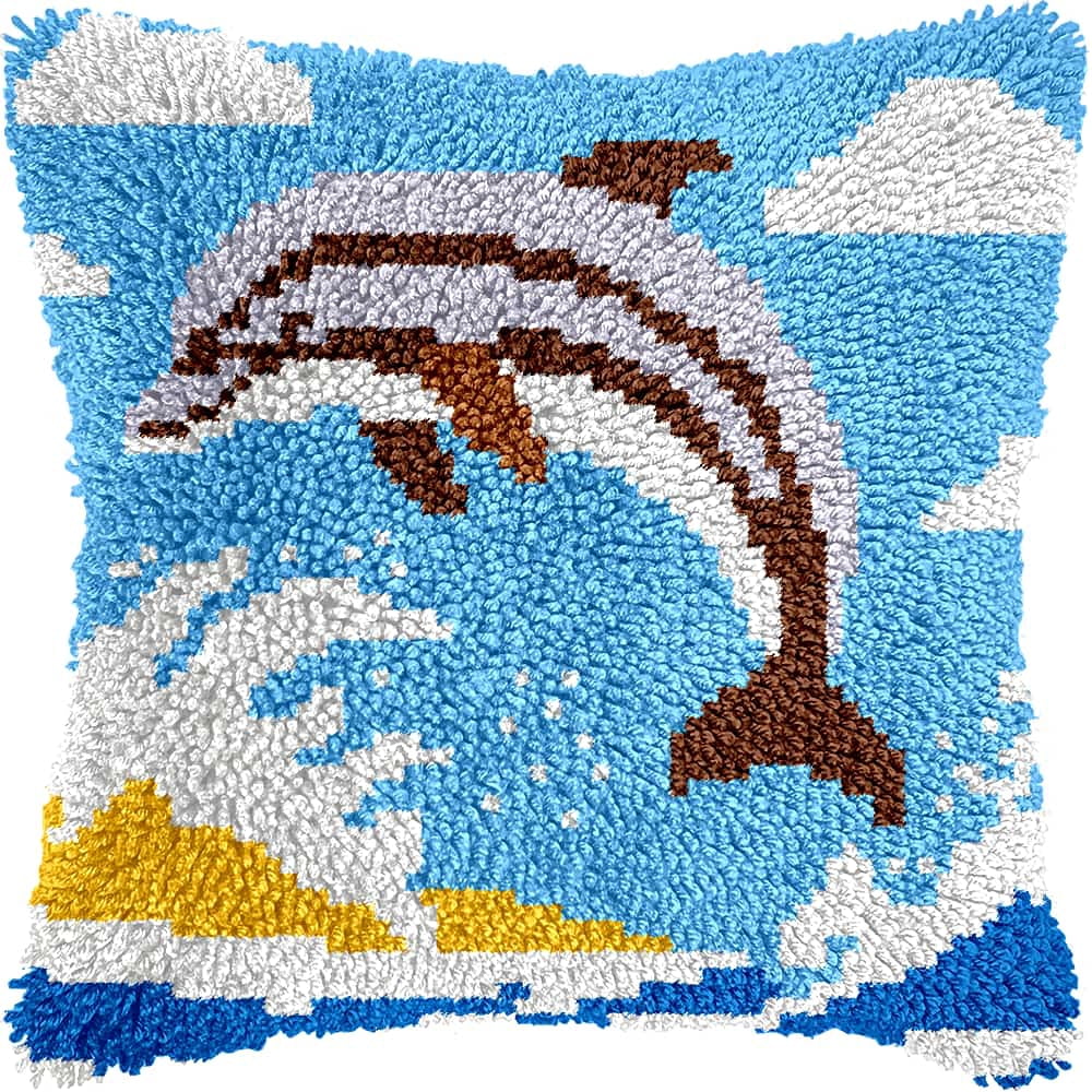 Diy Latch Hook Kits For Adults Dolphin Cross Stitch Sofa Cushion Cover With Latch Hook Tool Fit For Kids And Adults 17X17In