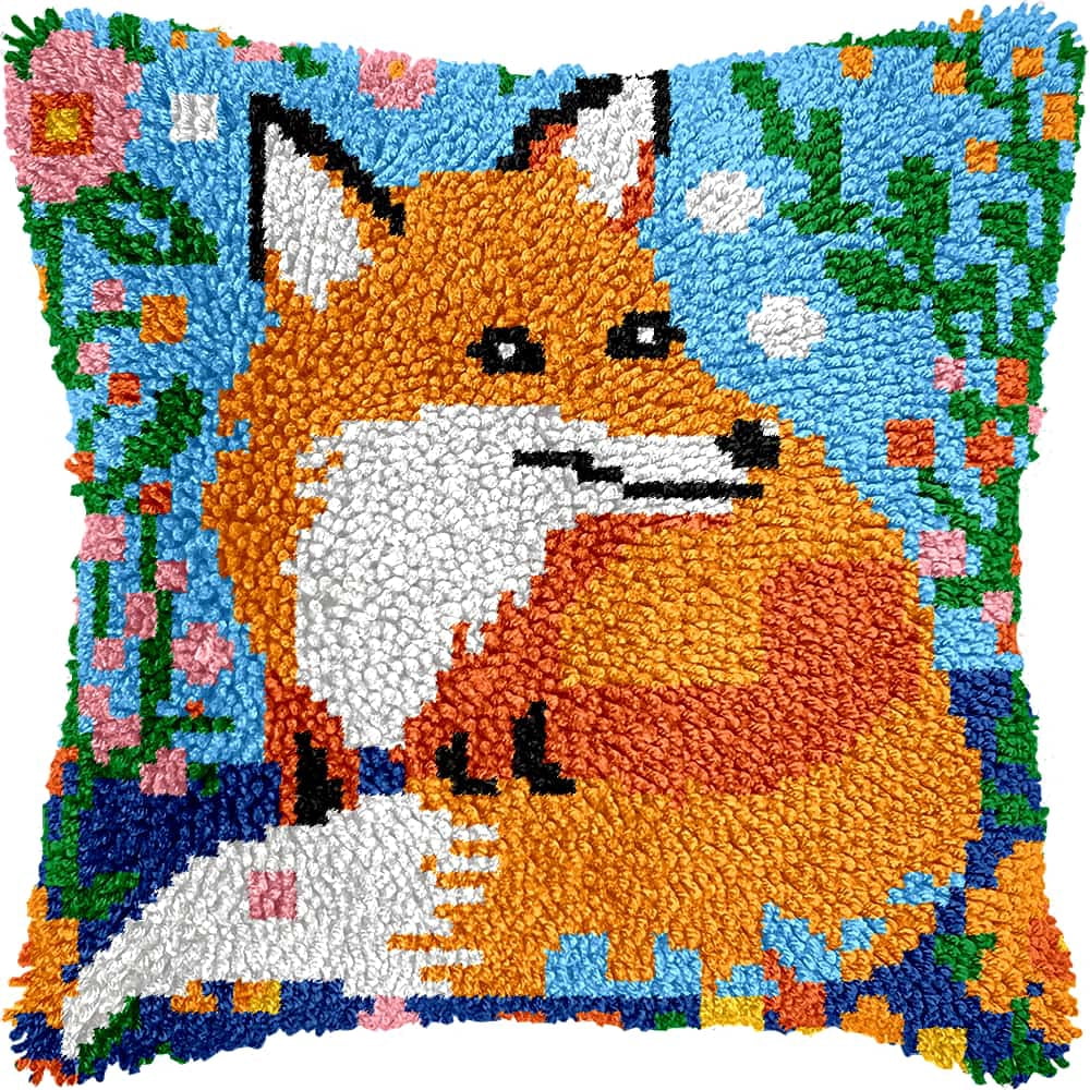 Diy Latch Hook Kits For Adults Fox Latch Hook Cushion Cover Kit, Diy Carpet Cushion Crocheting Pillowcase For Home 17X17In