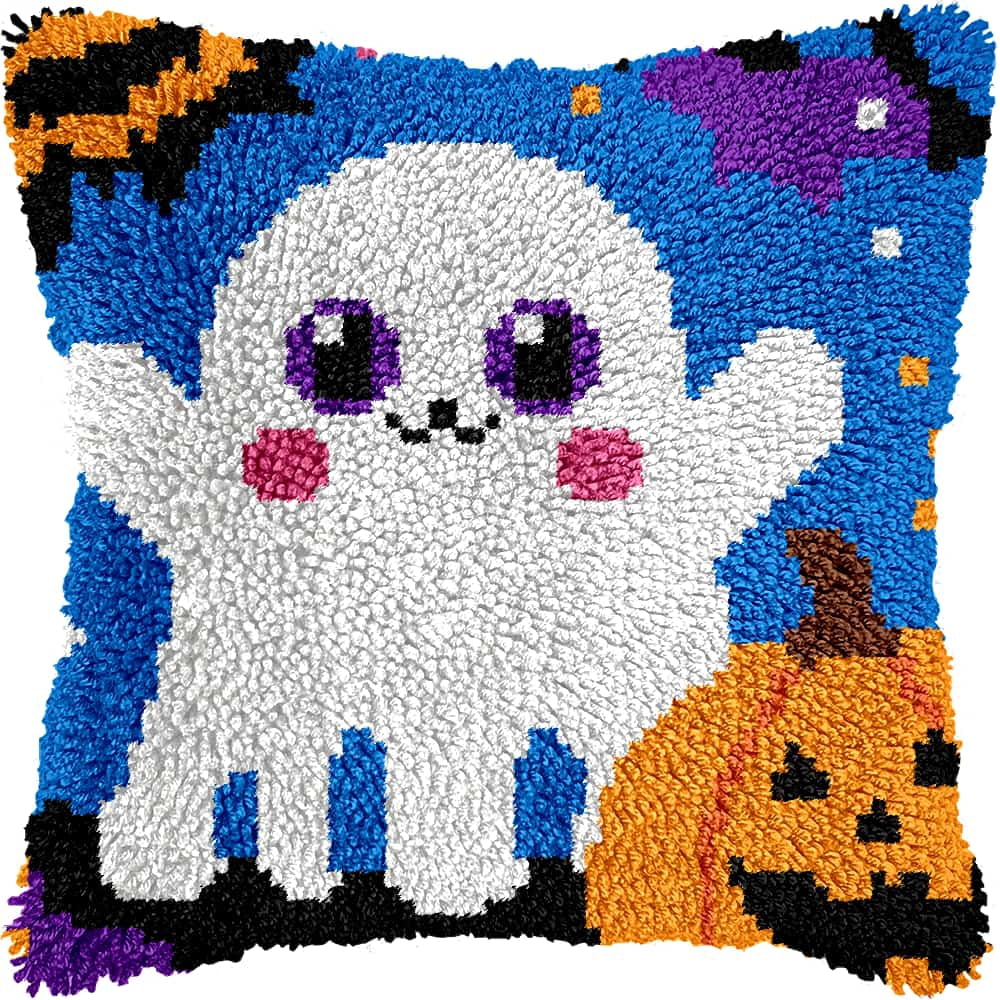 Diy Latch Hook Kits For Adults Halloween Ghosts Latch Hook Cushion Cover Kit, Diy Carpet Cushion Crocheting Pillowcase For Home 17X17In