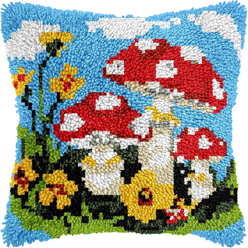 Diy Latch Hook Kits For Adults Mushroom Cross Stitch Sofa Cushion Cover With Latch Hook Tool Fit For Kids And Adults 17X17In